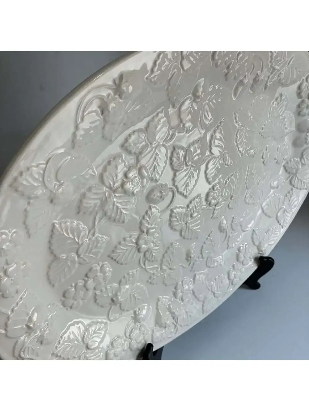 Large Vintage Made in Portugal White Embossed Strawberry Vine Serving Platter